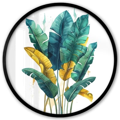 Poster in lijst Rond - Fotolijst 40x40 cm - Posters - Bladeren - Groen - Tropisch - Goud - Natuur - Ronde posterlijst zwart - Decoratie - Wanddecoratie woonkamer - Muurdecoratie slaapkamer