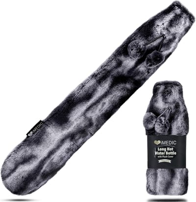 Extra lange warmwaterkruik bedekt met luxe fleece of gebreide hoes - deksel UK - grote warmwaterkruik - imitatiebont donkergrijs