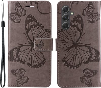 Coverup Hoesje - Geschikt voor Samsung Galaxy A55 Hoesje - Coverup Vlinders Book Case - Taupe Grijs