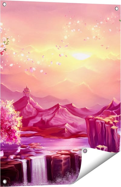 Gards Tuinposter Illustratie van Watervallen met Bloesems - 60x80 cm - Tuindoek - Tuindecoratie - Wanddecoratie buiten - Tuinschilderij