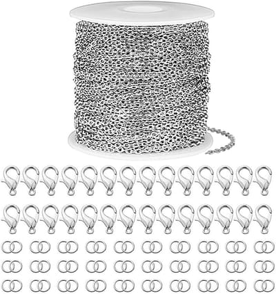 5 m ketting, 2,4 mm roestvrij stalen kabelketting, zilveren halskettingen, knutselen, schakelketting, zilveren doe-het-zelf ketting met 30 karabijnsluitingen en 60 springringen, gedraaide kettingen