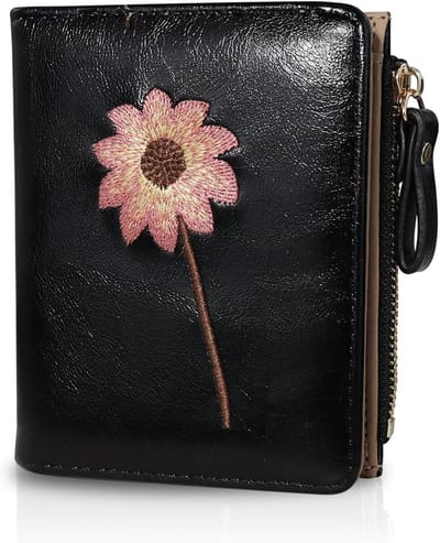 Portemonnee met geborduurde bloemen voor dames - Kleine portemonnee voor dames met 6 kaartvakken en ID-venster - Draagbaar - Kunstleer - Sluiting met ritssluiting