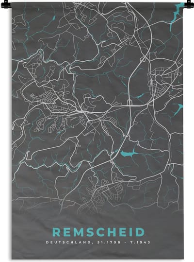 Wandkleed - Wanddoek - Kaart – Plattegrond – Stadskaart – Remscheid – Duitsland – Blauw - 120x180 cm - Wandtapijt