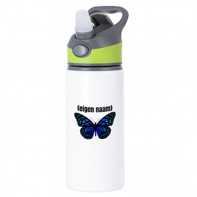 Hacebo® - blauwe vlinder met eigen naam waterfles met rietje groen - Vlinder - dieren liefhebber - iemand die houdt van vlinders - verjaardag - cadeau - kado - geschenk - water fles - 650ML