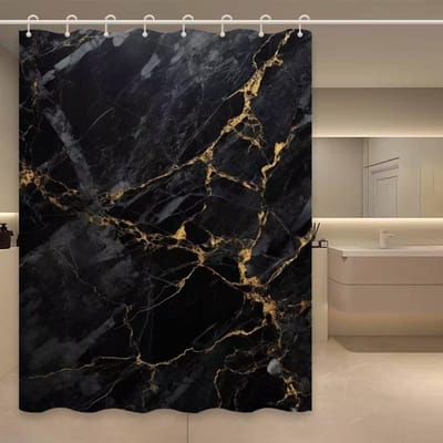 VIKAMA Luxe Steen Zwart Goud Waterdicht Douchegordijn Luxe Badkamer Hotelstijl Appartement Minimalistische Badkamer Afscheiding 150X200CM(4.9X6.6FT)