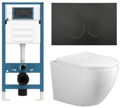 FugaFlow Eccelente Press Toiletset - 48.5x36x32cm - diepspoel - spoelrandloos - inbouwreservoir - softclose - quickrelease - toiletzitting - mat zwarte metalen - bedieningsplaat - ronde knoppen - wit