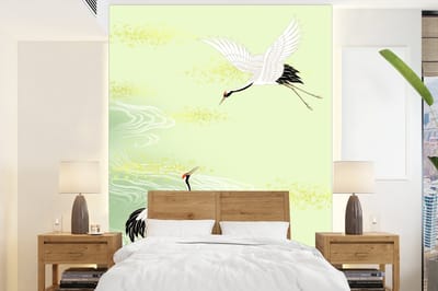 Behang - Fotobehang Illustratie van een Chinese kraanvogel voor een kleurrijke achtergrond - Breedte 205 cm x hoogte 280 cm