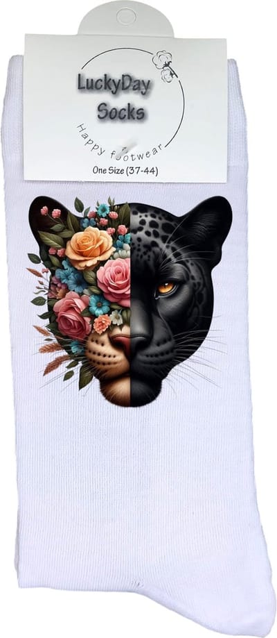 Panter - Verjaardag cadeau - Grappige sokken - Print sokken - Leuke sokken voor heren en dames - Moederdag - Vaderdag - Cadeau voor hem en haar - Kerstcadeau - Vrolijke sokken - Valentijns cadeau - Bloemen - Socks waar je Happy van wordt - Maat 37-44