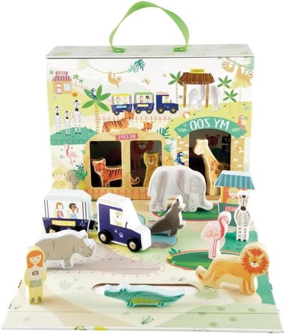 Speelbox Jungle - Draagbare Speeldoos - Creatief Spel - Inclusief Houten Figuren - 22x29x10cm - Geel