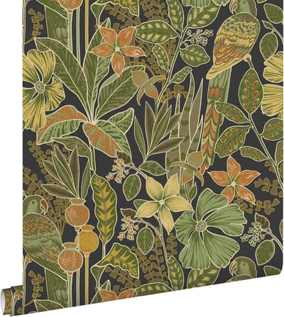 ESTAhome behang tropische bloemen en paradijsvogels vergrijsd olijfgroen - 50 x 900 cm - 131160