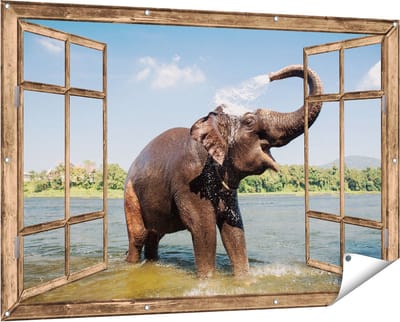 Gards Tuinposter Doorkijk Vrolijke Olifant in het Water - 150x100 cm - Tuindoek - Tuindecoratie - Wanddecoratie buiten - Tuinschilderij