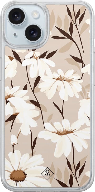 Casimoda® hoesje - Geschikt voor iPhone 15 - In Bloom - 2-in-1 case - Schokbestendig - Bloemen - Verhoogde randen - Bruin/beige, Transparant