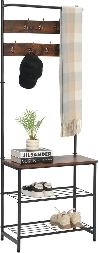 YONO Kapstok Staand met Schoenenrek - Industrieel - Garderoberek - 7 Haken - 65 x 32 x 180 cm - Vintage Zwart