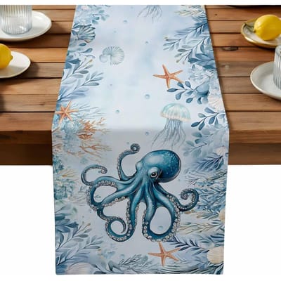 Chemin de table en lin avec motif tortue marine estivale et corail Décor de fête Réutilisable Chemin de table pour table de salle à manger de ferme Décoration de mariage 150x33cm