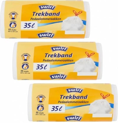 Swirl Trekband Pedaalemmerzakken 35ltr Multipack 3 rollen van 15 stuks - Wit