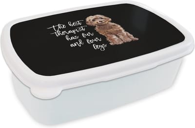 Broodtrommel Wit - Lunchbox - Brooddoos - Honden - The best therapist has fur and four legs - Spreuken - Quotes - 18x12x6 cm - Volwassenen