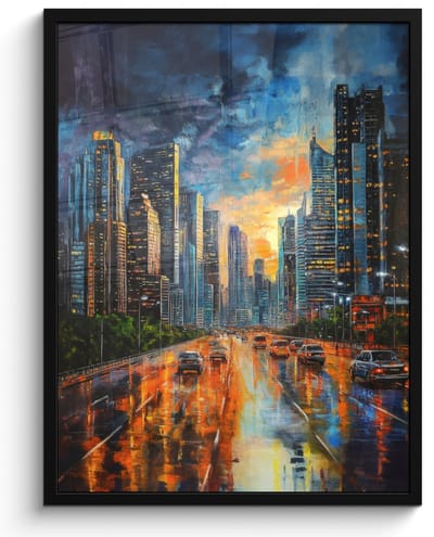 Poster in lijst - Fotolijst 50x70 cm - Posters - Auto - Skyline - Zon - Blauw - Posterlijst zwart - Decoratie - Wanddecoratie woonkamer - Muurdecoratie slaapkamer
