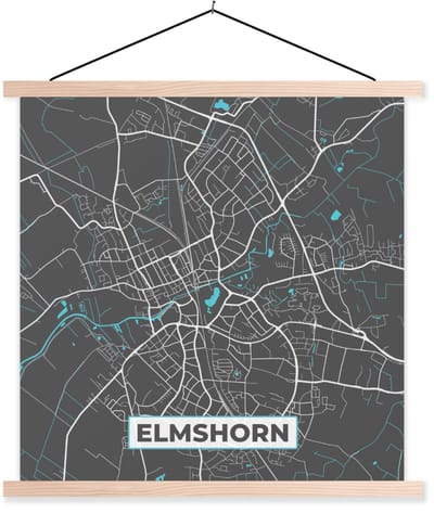 Posterhanger incl. Poster 120x120 cm - Schoolplaat - Stadskaart – Kaart – Elmshorn – Blauw – Duitsland – Plattegrond - Textielposter - Blanke latten - Stadskaart