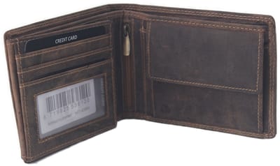 Oi Hunter bruine leren heren portemonnee met uitklap naar links / platte billfold laag model met 3 zichtvakken / dunne herenbeurs zonder lipje / Anti skim / bruin leer / 436H
