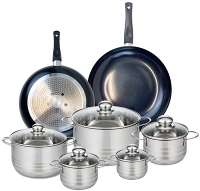 Set van 2 Koekenpannen 28 en 32 cm en 5 braadpannen 12, 14, 16, 20 en 24 cm Elo Prima Glanzend