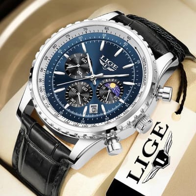 LIGE Nieuwe Herenhorloges Topmerk Luxe Heren Polshorloge Leer Quartz Horloge Sport Waterdicht Datum Chronograaf blauw/zilver