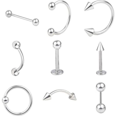 Ensemble de 9 pièces en acier chirurgical pour piercing langue, anneau de téton, sourcil, lèvre, ongle, corps (Acier)