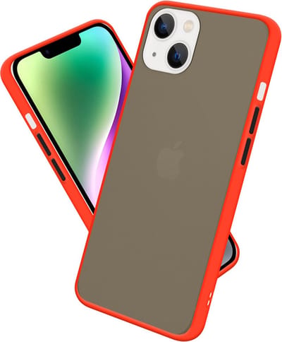 Cadorabo Hoesje geschikt voor Apple iPhone 14 in Mat Rood - Zwarte Knopen - Hybride beschermhoes met TPU siliconen Case Cover binnenkant en matte plastic achterkant