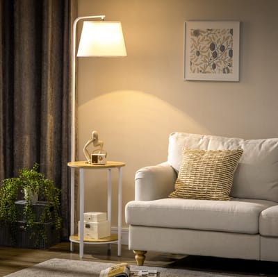 STILVORA Staande Lamp – 162 Cm – Met 2 Planken En Voetenschakelaar – Metaal En Bamboe – Wit – Voor Woonkamer En Slaapkamer