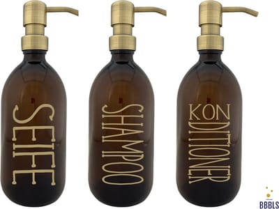 BBBLS® Design Dispenser Giftset "Shampoo Konditioner" | Bruin Glas | 500ml | RVS / Metaal Pomp Goud | Zeeppomp | Zeepdispenser | Zeephouder
