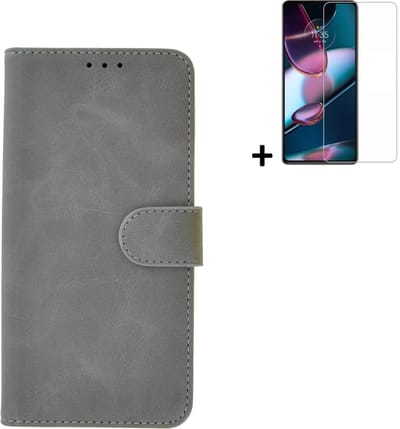 MoDo hoesje Geschikt voor Motorola Moto G73 - Kunstleer Book Case - Grijs hoesje met screenprotector