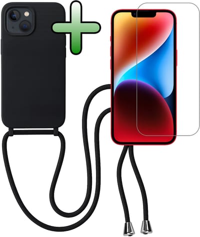 Hoes Geschikt voor iPhone 13 Mini Hoesje Met Koord Met Screenprotector - Telefoonhoesje Geschikt voor iPhone 13 Mini Backcover Met Afneembaar Koord - Zwart