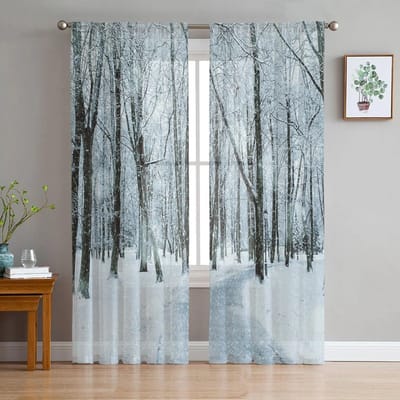 Winterbomen Sneeuwlandschap Tule Gordijnen voor Woonkamer Slaapkamer Modern Voile Gordijn Keuken Chiffon Transparante Gordijnen 135W x 114H(cm)