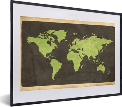 Poster in lijst - Fotolijst 60x40 cm - Posters - Wereldkaart - Groen - Vintage - Posterlijst zwart - Decoratie - Wanddecoratie woonkamer - Muurdecoratie slaapkamer