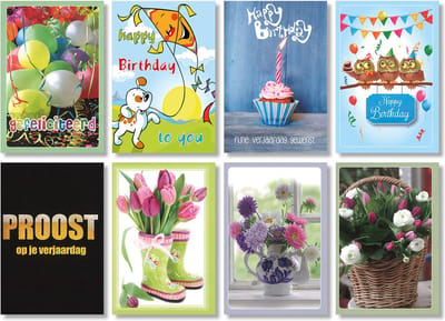 MGPcards - 8 Dubbele wenskaarten - Verjaardag - Blanco Bloemen - Gekleurde envelop - 11,5 x 17 cm