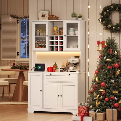 Vitrinekast - 180x105x40 cm - Keukenkast met Led en Stopcontact - Met Kruidenrek - Hout - Zwart