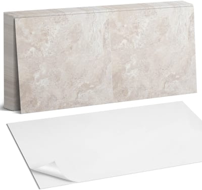 Coloray Plaktegels - Natuursteenpatroon Zelfklevende Wandtegels - 40 cm x 20 cm - Romig Plaktegels - 10 stuks - Rechthoek PVC Tegels - Plaktegels Badkamer - Vloertegels Zelfklevend - Vinyl Tegels - Portugese Tegels