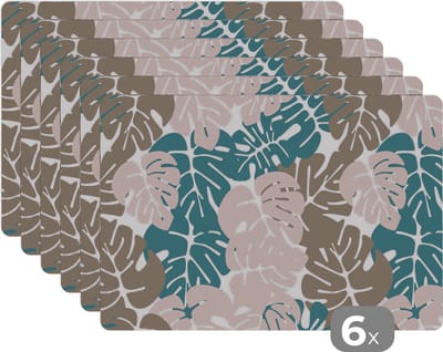 Placemat - Placemats kunststof - Monstera - Jungle - Patronen - Pastel - Bladeren - 45x30 cm - 6 stuks - Hittebestendig - Anti-Slip - Onderlegger - Afneembaar