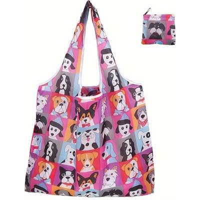 1 pièce Sac cabas en nylon imprimé chien amusant, Sac à bandoulière de shopping durable pour femmes, Sac à main réutilisable pour courses pink