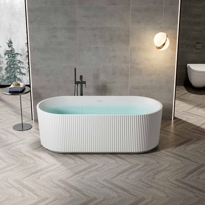 ZIMMER Vrijstaand Bad PARTHA Geribbeld 170x78 cm Mat Wit – Acryl Ligbad – Incl. Paneel, Afvoerset & Clickwaste – Design Bad