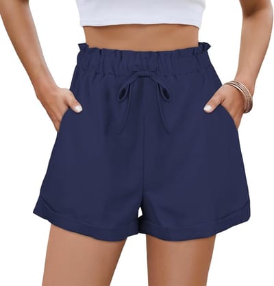Losse Casual Hoge Taille Dames Shorts voor Zomer - Elastische Taille, Katoen en Linnen, Perfect voor Strand, Vakantie en Thuis, Navy Blauw, XL