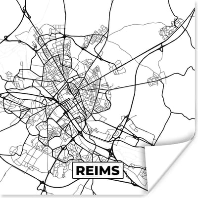 Poster Kaart - Plattegrond - Reims - Frankrijk - Stadskaart - Zwart wit - 100x100 cm XXL
