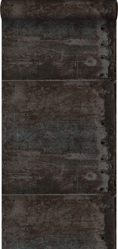 Origin Wallcoverings behang grote verweerde roestige metalen platen met klinknagels zwart en donker petrol blauw - 53 cm x 10.05 m - 337227