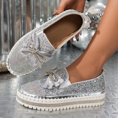 Schoenen met één pedaal voor luie vrouwen, grote maat, strass steentjes, Franse strik, casual schoenen, niche ontwerp, enkele schoen, trend 35 zilver