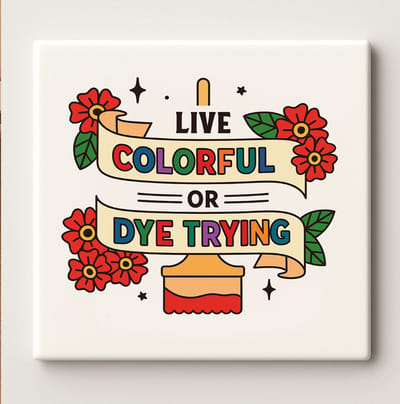 Grappige Tegel “Live Colorful or Dye Trying” 15x15 cm – Kleurrijke Keramische Wanddecoratie Cadeau voor Kunstenaars, Creatievelingen en Kleurliefhebbers