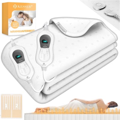 KESSER® Elektrische Onderdeken Warmtedeken met automatisch uitschakelende afstandsbediening | warmte deken met 3 temperatuurstanden | voor matrasverwarming | van zacht fleece - Wit zonder motief (160 cm x 140 cm)