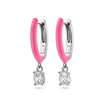 Zilver Gerhodineerd Klapoorringen Zirkonia En Roze Emaille 1338593