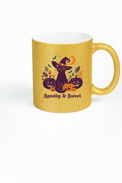 Spooky & Sweet Halloween Glitter Mok - Unieke Koffiemok met Heksenkat Design