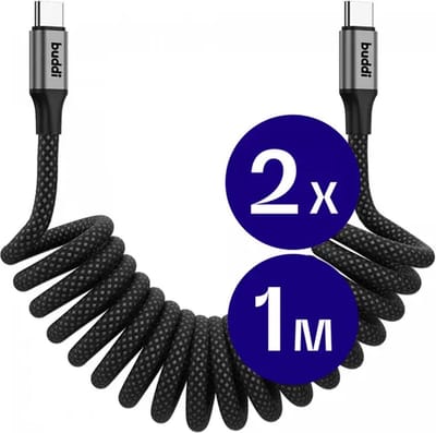 Duo Pack Buddi Flex | Uitrekbare USB-C naar USB-C Krul Kabel 60W Fast Charge | 480Mbps Dataoverdracht | Gevlochten Elastisch Nylon | Krulsnoer | Spiraalkabel | Voor in de auto | 1M | 1 Meter | Zwart