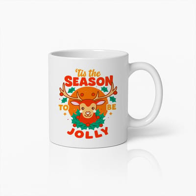 Kerstmok 330ml – “‘Tis the Season to Be Jolly” Schattige Rendier Feestelijke Koffiemok, Perfect Cadeau voor Kerstliefhebbers