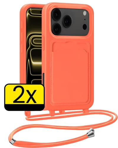 Hoesje Geschikt voor iPhone 17 Pro Max Telefoonhoesje Met Koord Case Pashouder Siliconen - Hoes Geschikt voor iPhone 17 Pro Max Hoesje Met Kaarthouder - Papaya - 2 Stuks